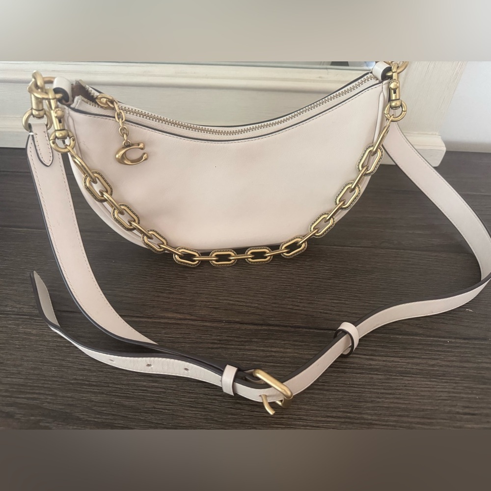 Coach Cream Crescent Shoulder Bag with Gold Hardware and Adjustable Strap